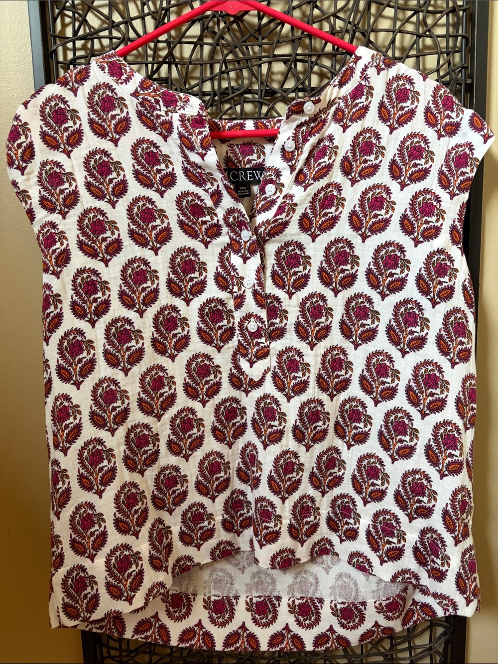 J. Crew White Short-Sleeve Button Henley Top with Pink and Orange Floral Motif